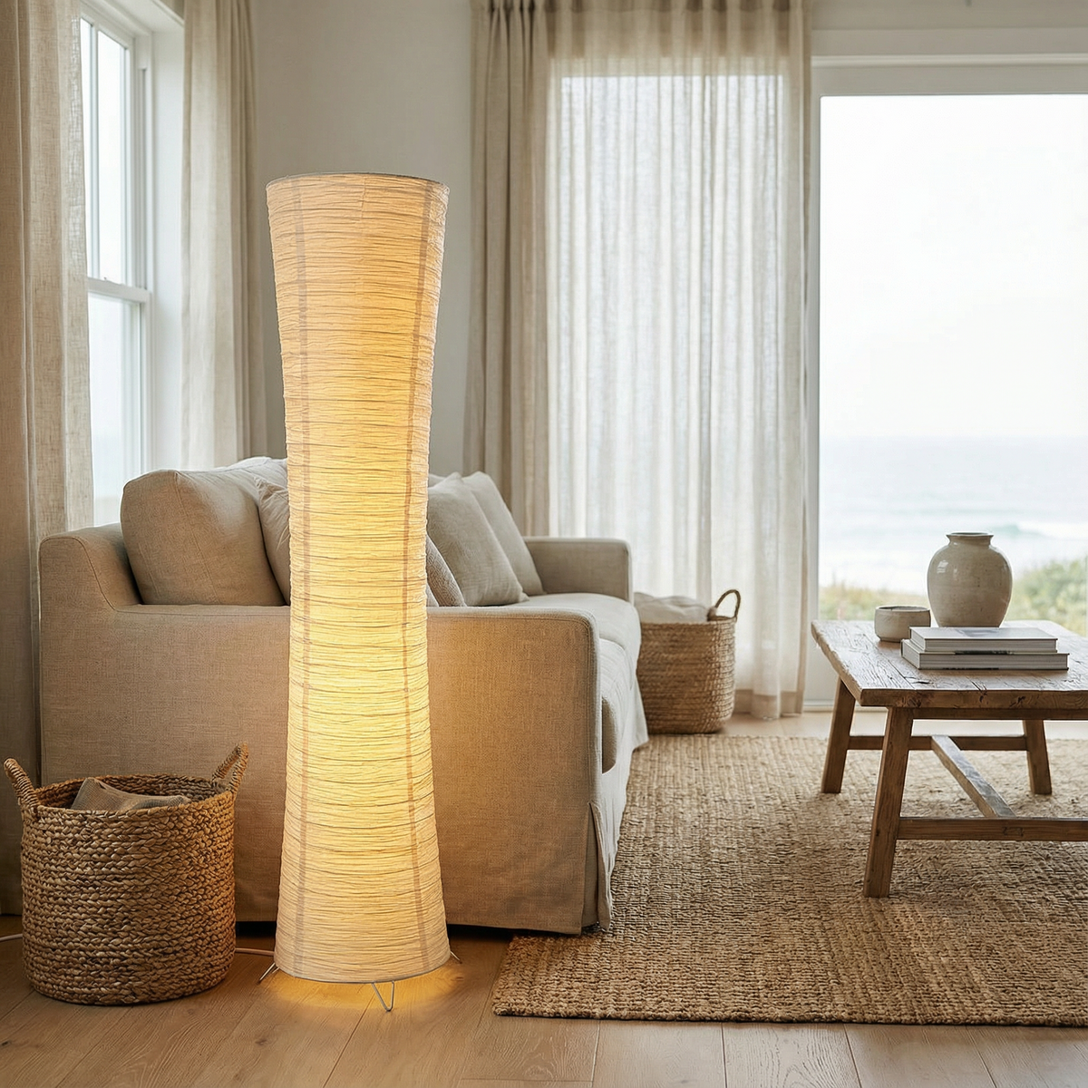 Wabi Sabi LED Floor Lamp with a Wavy Paper Shade – 107cm × 25cm (42.13" × 9.84")