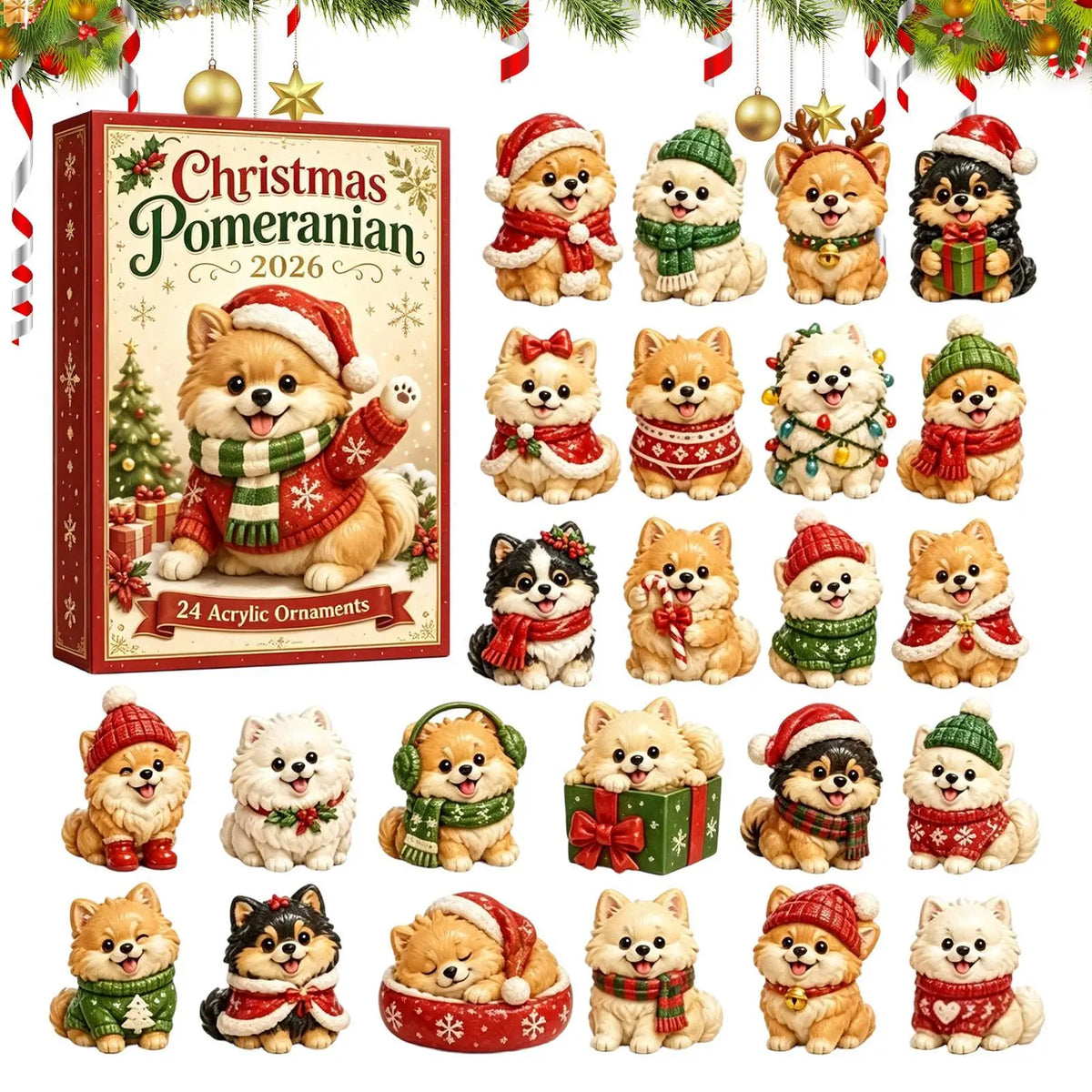 Pomeranian Advent Calendar 2026 with 24 Dog Ornaments – Red – image 5
