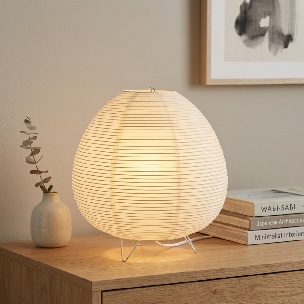 Japandi Tripod Rice Paper Table Lamp, Warm Light – product view