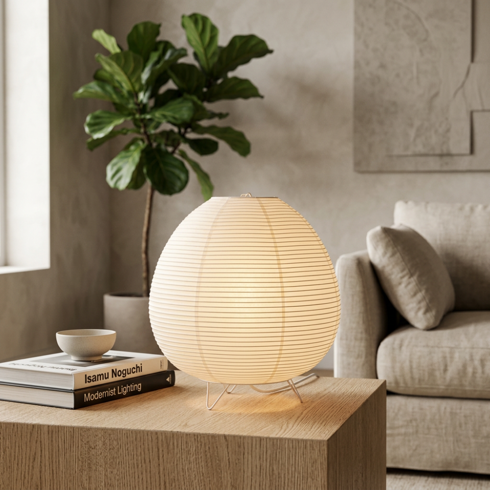 Japandi Tripod Rice Paper Table Lamp, Warm Light – product view