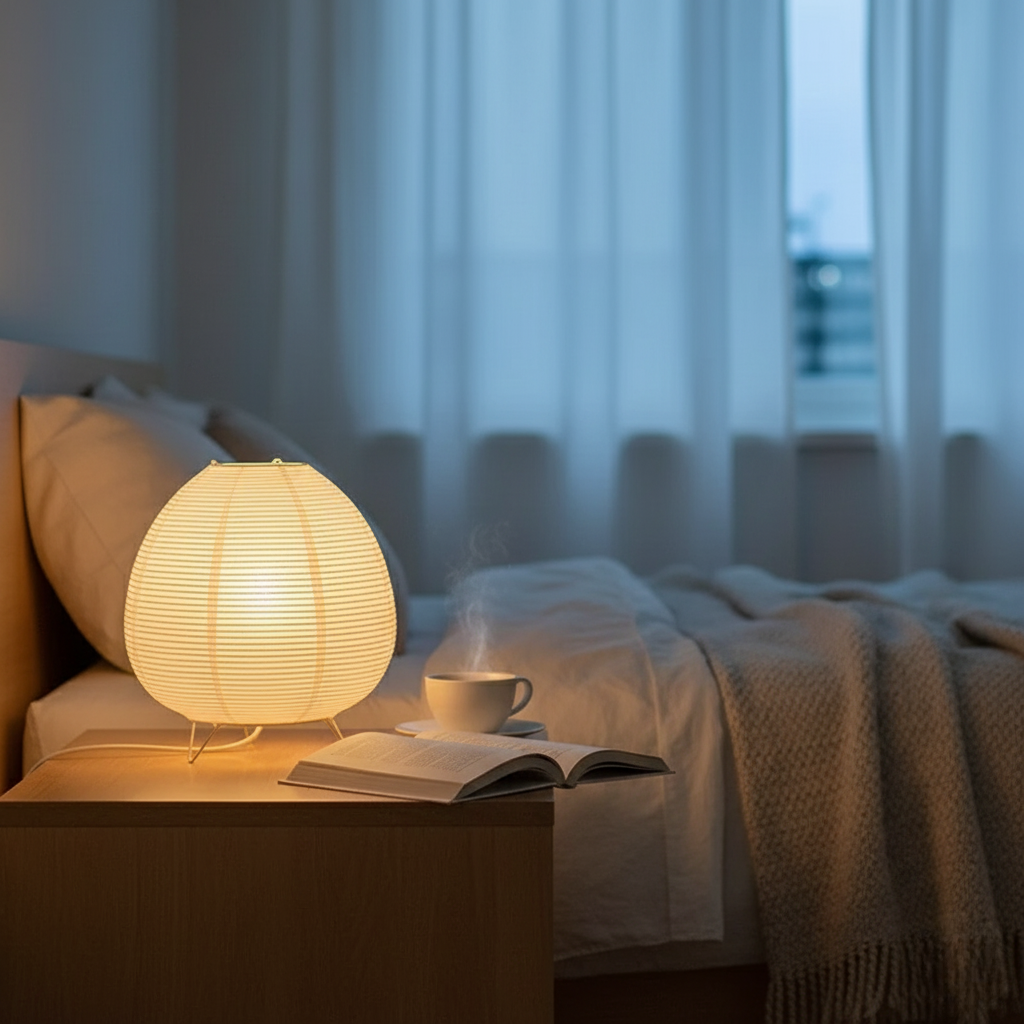 Japandi Tripod Rice Paper Table Lamp, Warm Light – product view
