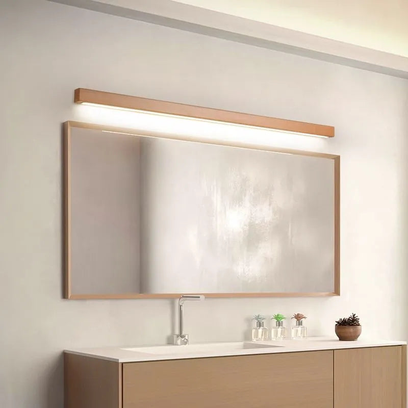 Linear Wall Lamp above Mirror with Wooden Frame – product view