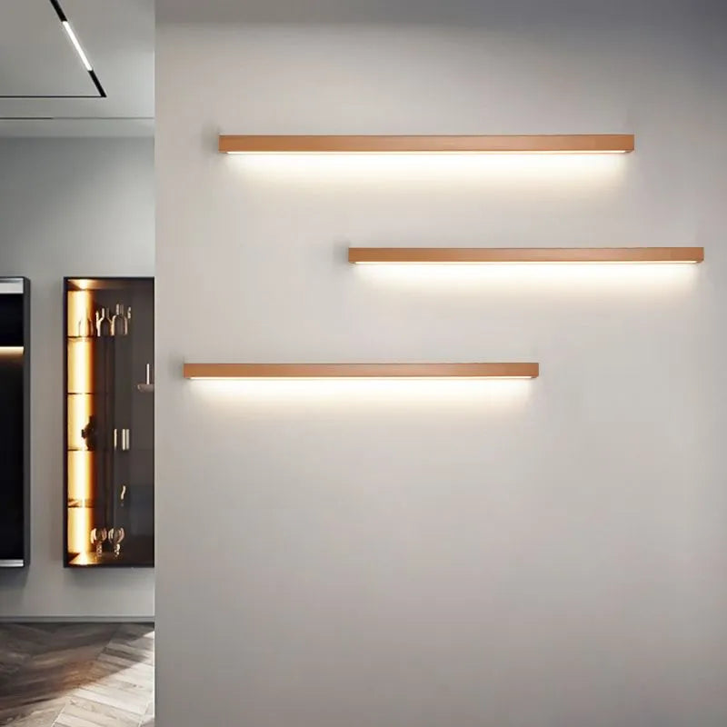 Linear Wall Lamp above Mirror with Wooden Frame – product view