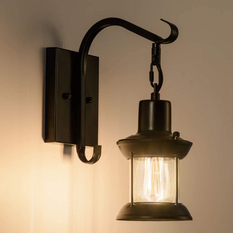 Metal Hanging Wall Lamp with Glass Shade – Black