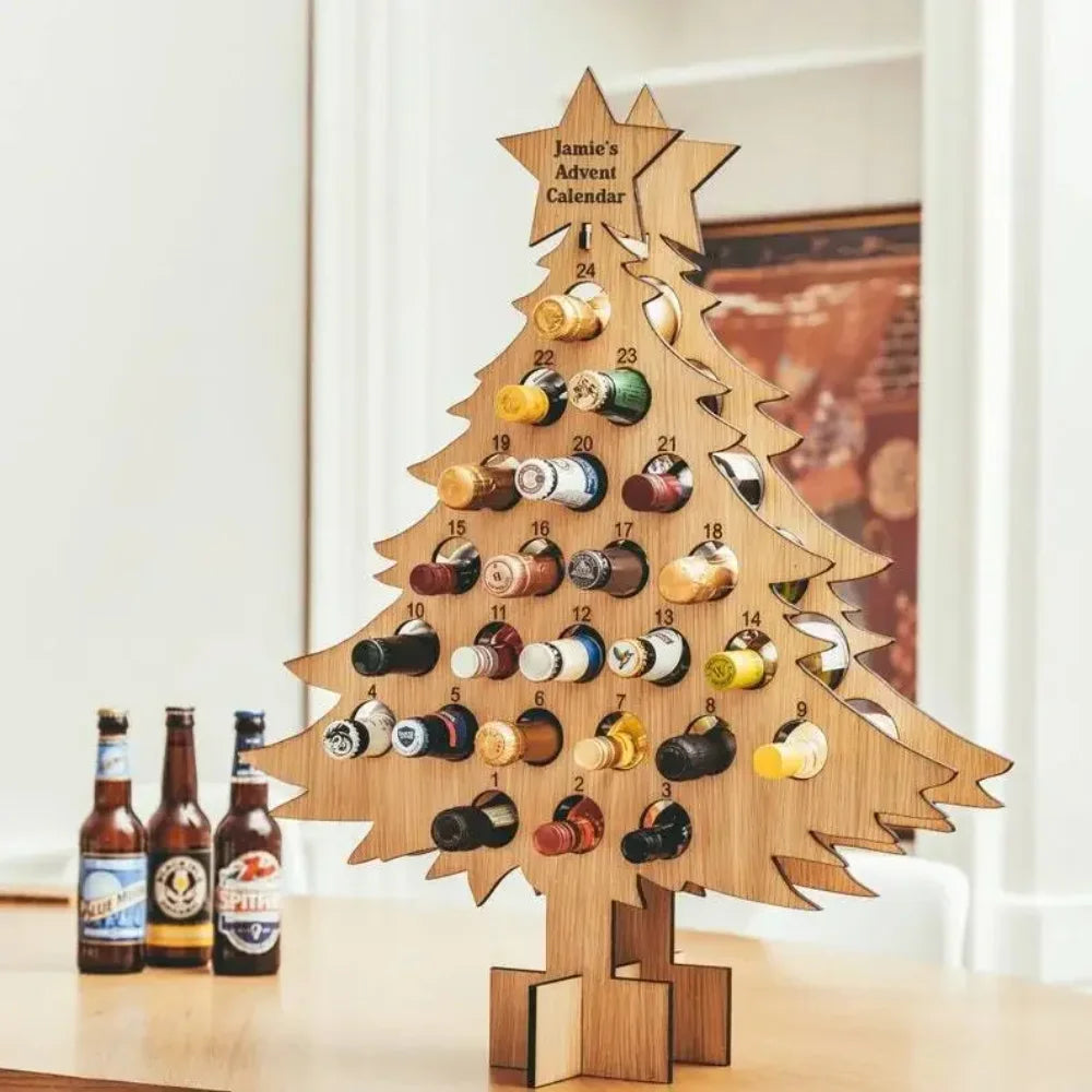 Christmas Tree Bottle Stand Advent Calendar with 24 Spaces – Brown – image 1