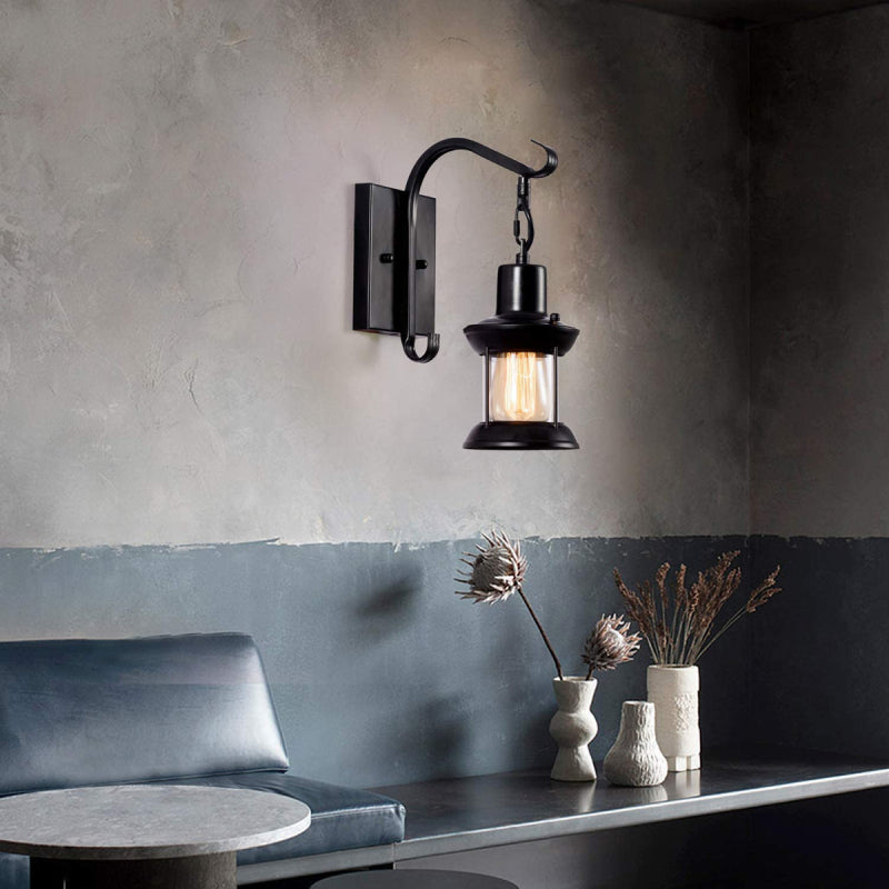 Metal Hanging Wall Lamp with Glass Shade – Black