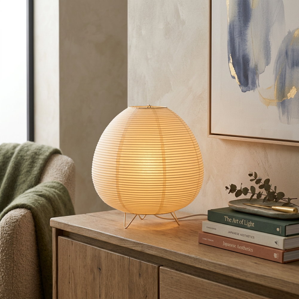 Japandi Tripod Rice Paper Table Lamp, Warm Light – product view