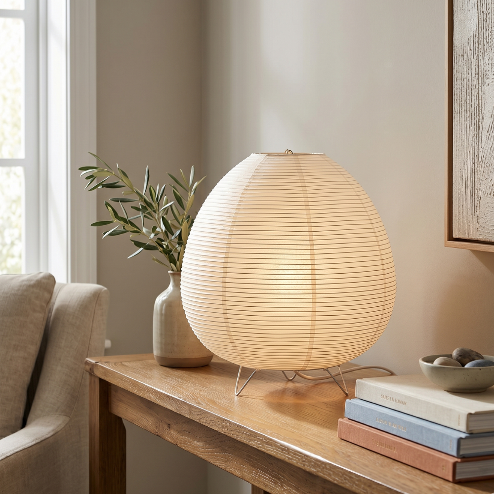 Japandi Tripod Rice Paper Table Lamp, Warm Light – product view
