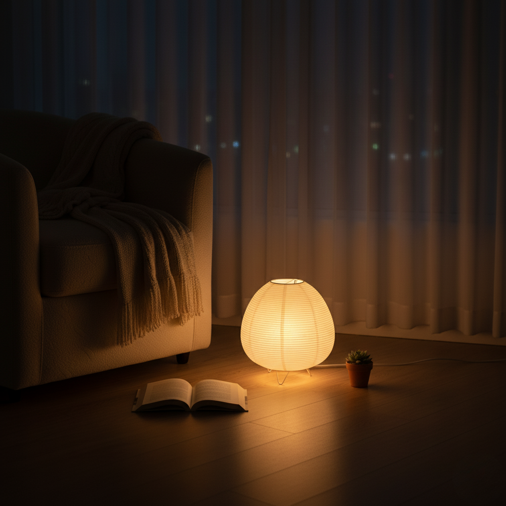 Japandi Tripod Rice Paper Table Lamp, Warm Light – product view